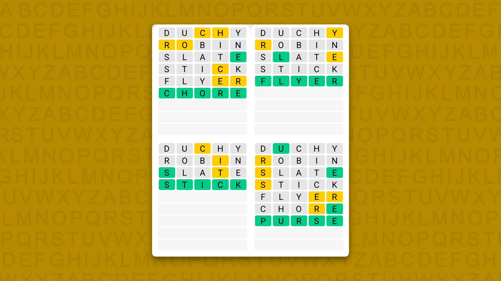 Quordle answers for game 1713 on a yellow background