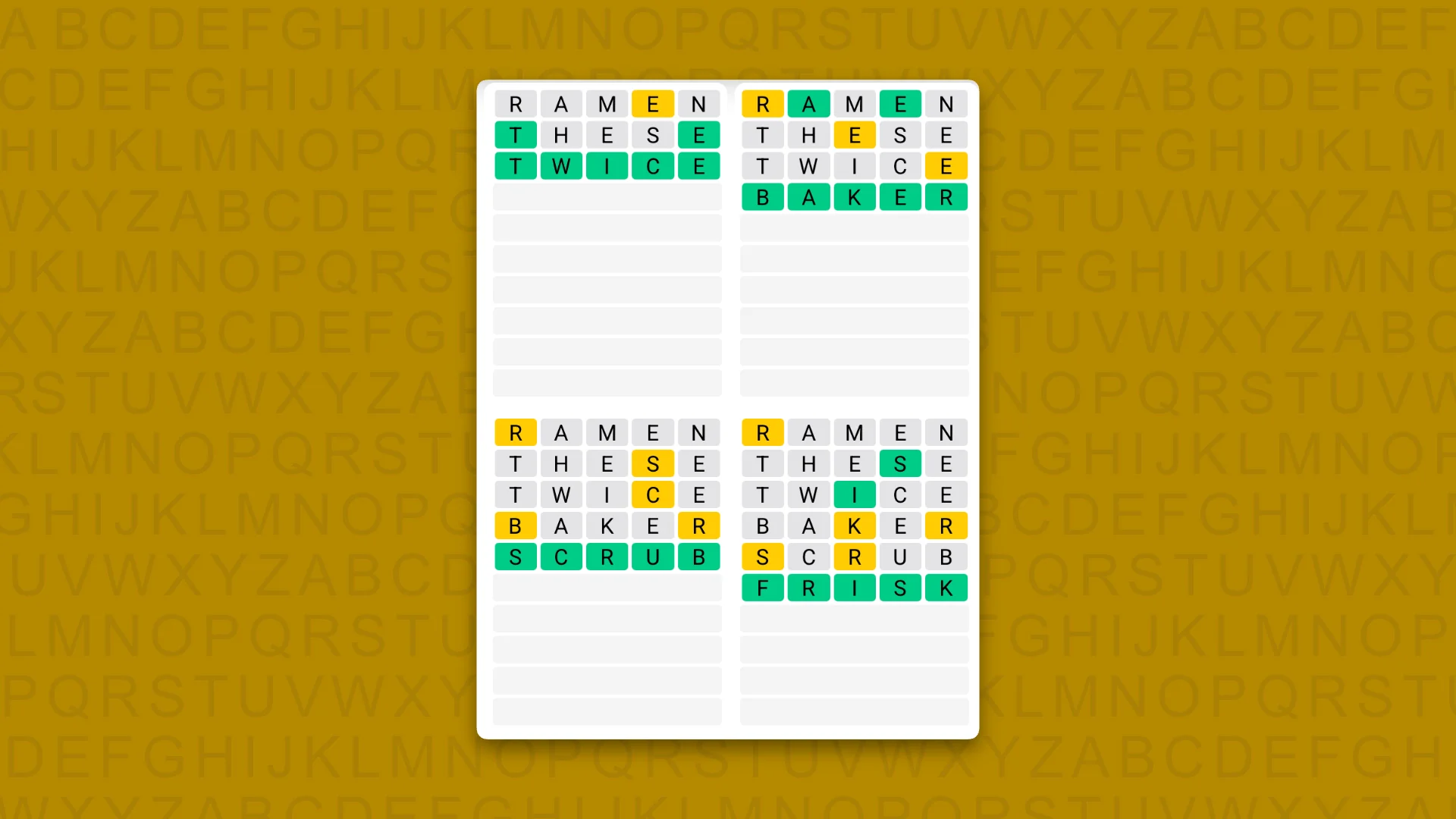 Quordle Daily Sequence answers for game 1713 on a yellow background