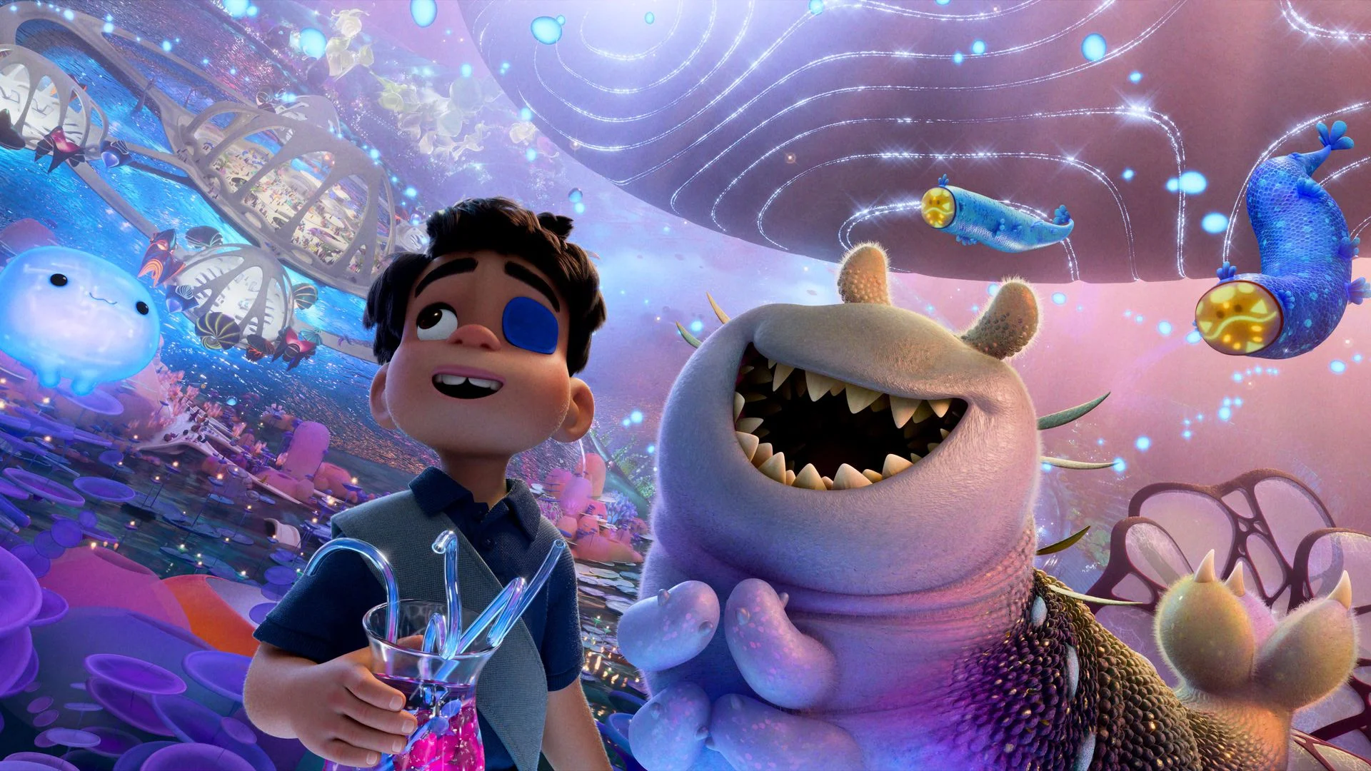 L-R: Elio and Glordon standing in the middle of the Communiverse, accompanied by liquid supercomputer OOOOO in a scene from