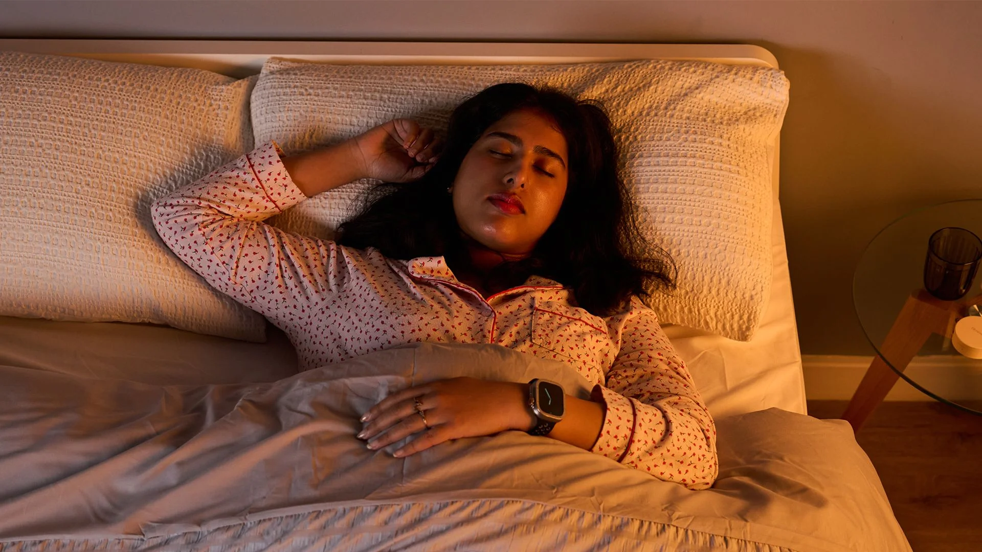 A close up of mattress tester Becky George sleeping at night