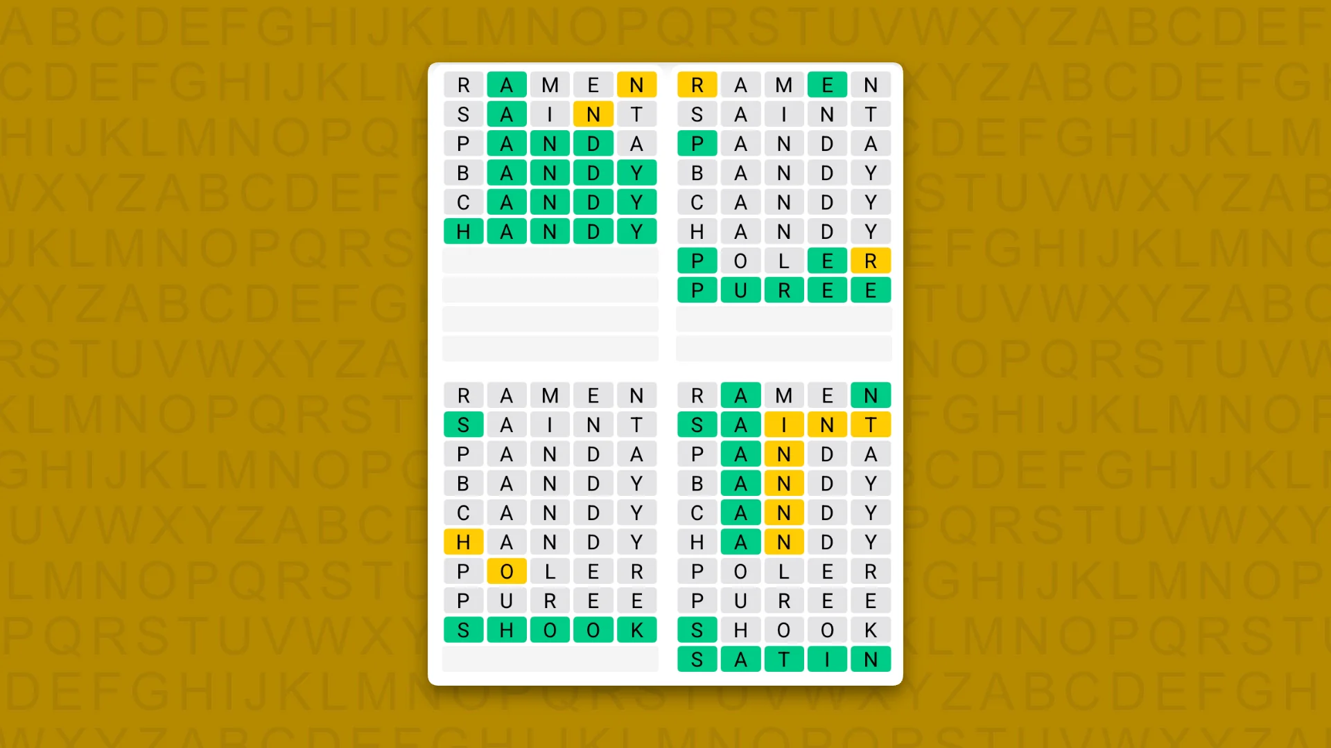 Quordle Daily Sequence answers for game 1717 on a yellow background